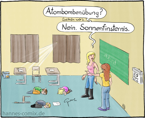 Cartoon: Sonnenfinsternis 2015 (medium) by Hannes tagged atombombe,bildung,dummheit,gefahr,kindergarten,schule,sonnenfinsternis,strahlung
