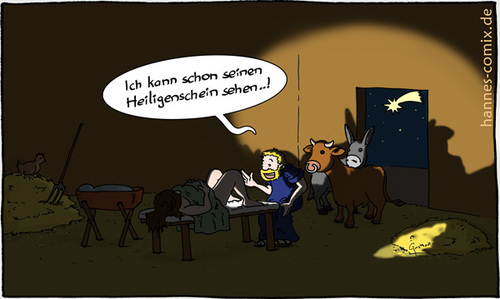Cartoon: Stallgeburt (medium) by Hannes tagged esel,heiligenschein,jesus,joseph,maria,ochse,stallgeburt,weihnachten