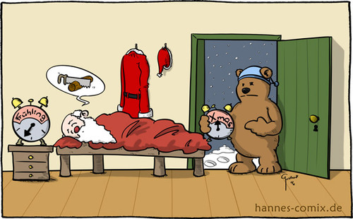 Cartoon: Winterschlaf (medium) by Hannes tagged braunbär,schlaf,wecker,weihnachten,weihnachtsmann,winterschlaf