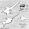 Cartoon: size matters (small) by Hannes tagged inktober,schwertfisch,hammerhai,sägefisch,fische,dolch,tauchen,meer,mobbing
