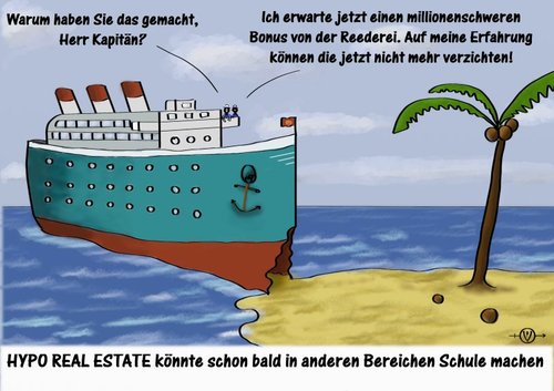 Cartoon: Hypo Real Estate (medium) by PuzzleVisions tagged bonus,boni,hyporealestate,finanzminister,schiff,insel,schiffbruch,kapitän