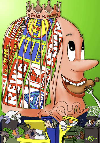 Cartoon: Muelfresser Garbage Eater (medium) by PuzzleVisions tagged puzzlevisions,muell,garbage,kunde,customers,menschen,people,plastktueten,plastic,bags,verbrauch,consumption,umwelt,environment,geld,money,profit