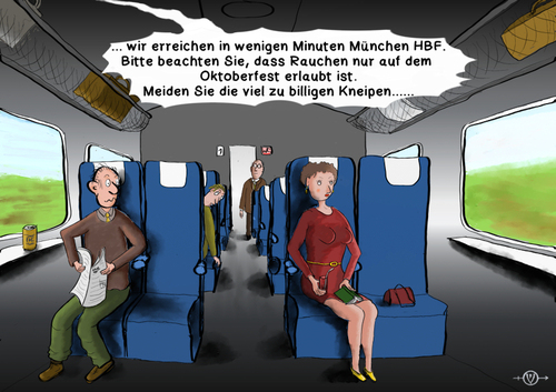 Cartoon: Oktoberfest (medium) by PuzzleVisions tagged beerfestival,oktoberfest,bahn,zug,train,durchsage,announcement,kneipe,pub,beer,smoking,smoker,nonsmoker,münchen,munich