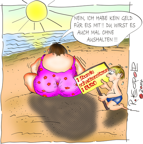 Cartoon: Geschäftstüchtigkeit (medium) by Leopold tagged mutter,sohn,eis,strand,schatten,euro,geld,sonne,meer,dick,erziehung