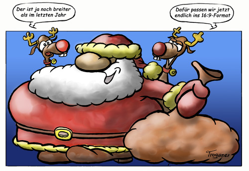Cartoon: Eine Frage des Formats (medium) by Troganer tagged weihnachten,weihnachtsmann,geschenke,kommerz,gewicht,technik,hd,bildformat