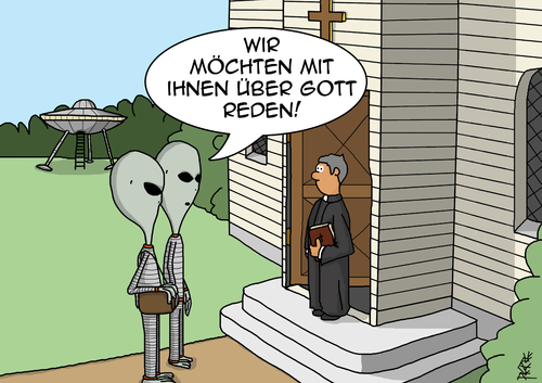 Cartoon: über Gott reden (medium) by pierre-cda tagged evolution,glauben,kirche,weltanschauung,welt,aliens,außerirdische,religion,gott