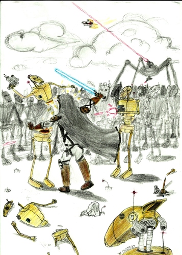 Cartoon: Jedi Attack (medium) by uharc123 tagged droid,star,wars,jedi,lightsaber,attack,war