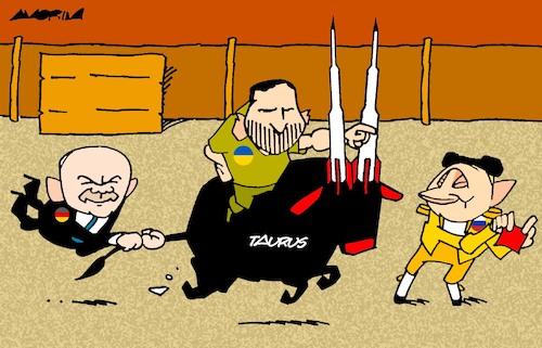 Cartoon: Bullfight (medium) by Amorim tagged olaf,scholz,zelenski,putin,taurus,olaf,scholz,zelenski,putin,taurus