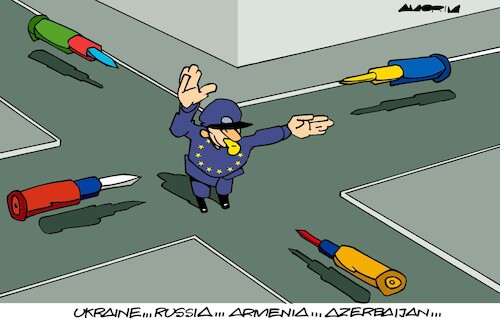 Cartoon: EU traffic controller (medium) by Amorim tagged europe,ukraine,russia,armenia,azerbaijan,europe,ukraine,russia,armenia,azerbaijan
