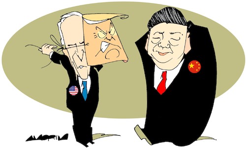 Cartoon: First conversation... (medium) by Amorim tagged joe,biden,xi,jinping,trade,war