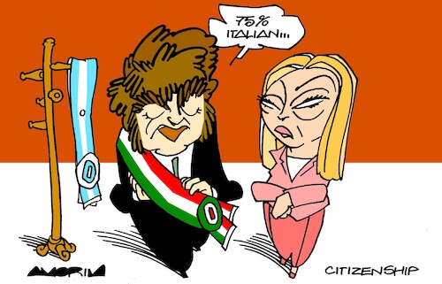 Cartoon: Presidential sash (medium) by Amorim tagged argentina,italia,javier,milei,giorgia,meloni,argentina,italia,javier,milei,giorgia,meloni