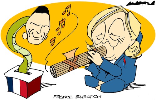 Cartoon: Snake charmers (medium) by Amorim tagged france,elections,marine,le,pen,jordan,bardella,france,elections,marine,le,pen,jordan,bardella