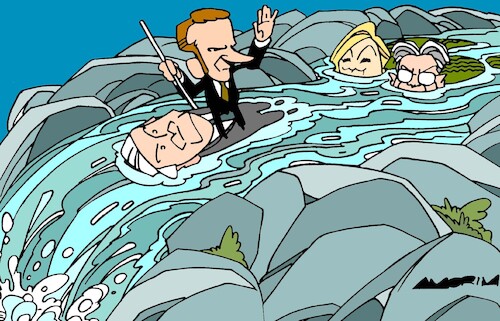 Cartoon: Waterfall (medium) by Amorim tagged emmanuel,macron,france,michel,barnier,jean,luc,melenchon,marine,le,pen,emmanuel,macron,france,michel,barnier,jean,luc,melenchon,marine,le,pen