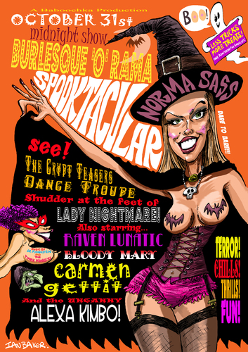 Cartoon: Burlesque Poster 6 (medium) by Ian Baker tagged burlesque,nude,naked,show,dancers,halloween,spooky,ghosts,witch,scary,cabaret,norma,sass,strippers