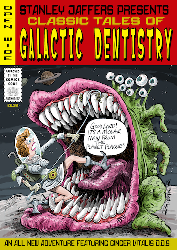Cartoon: Galactic Dentistry Comic spoof (medium) by Ian Baker tagged comic,magazine,1950s,sci,fi,dentistry,space,galaxy,universe,monster,sexy,woman,dentist,ian,baker,cartoon,caricature,spoof,parody,illustration,teeth,astronaut,ec,comics,code,retro