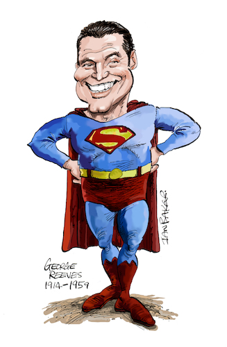 Cartoon: George Reeves as Superman (medium) by Ian Baker tagged superman,clark,kent,george,reeves,ian,baker,caricature,cartoon,comic,satire,spoof,parody,comics,superhero,vintage,costume