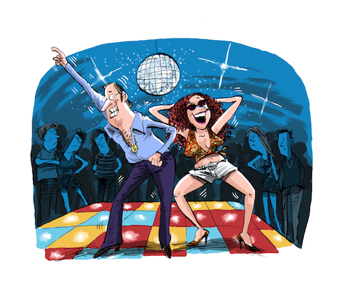 Cartoon: How to survive divorce book cove (medium) by Ian Baker tagged ian,baker,book,published,cover,art,cartoon,retro,nostalgia,disco,man,woman,couple,dancing,70s,seventies,humour,comedy