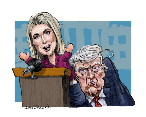 Cartoon: Karoline Leavitt (medium) by Ian Baker tagged karoline,leavitt,donald,trump,puppet,president,press,secretary,white,house,usa,america,republican,right,wing,conference,maga,ian,baker,cartoon,cartoonist,caricature,spoof,parody,satire,illustration,politics,2025