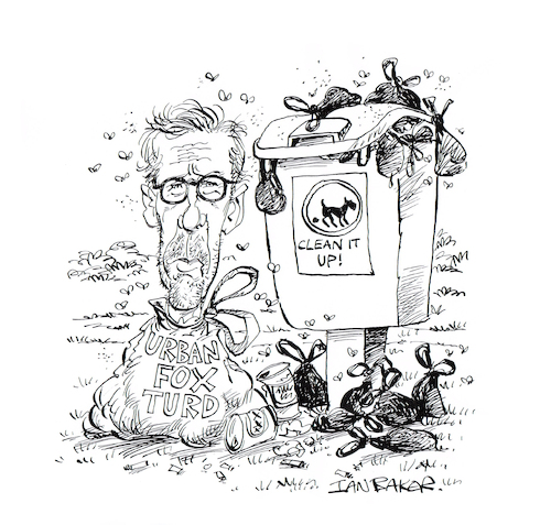 Cartoon: Laurence Fox (medium) by Ian Baker tagged laurence,fox,james,actor,singer,politics,far,right,reclaim,fascism,racism,lewis,failed,ian,baker,cartoon,caricature,parody,spoof,satire,dog,poo,bags,bin,park,garbage,excrement,urban,foxes