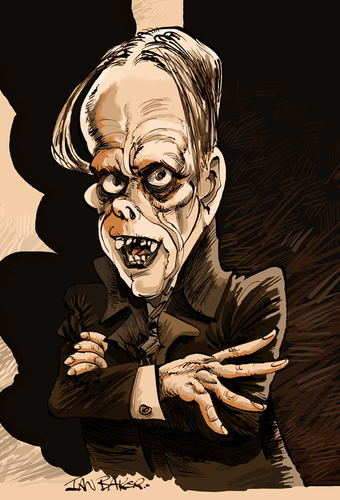 Cartoon: Lon Chaney (medium) by Ian Baker tagged lon,chaney,horror,phantom,of,the,opera,black,and,white,movies,caricature,makeup,disguise,creepy