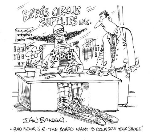 Cartoon: Magazine gag cartoon USA (medium) by Ian Baker tagged clown,business,shoes,downsize,industry,cut,backs