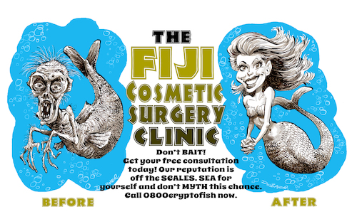 Cartoon: Mermaid Cosmetic Surgery spoof a (medium) by Ian Baker tagged cosmetic,surgery,plastic,doctors,hospital,beauty,youth,mermaid,fiji,fijiian,myth,cryptozoology,siren,ian,baker,cartoon,caricature,spoof,parody,satire,illustration,aquatic,sea,ocean,folklore,shells,ego