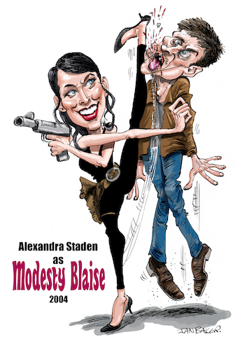 Cartoon: Modesty Blaise (medium) by Ian Baker tagged modesty,blaise,my,name,is,adventure,2004,comic,strip,character,action,sexy,female,alexandra,staden,quentin,tarantino,film,movie,france,fighter,guns,secret,agent,1960s,glamorous,ian,baker,cartoonist,caricature,parody,satire,illustration,humour,artwork,portrait