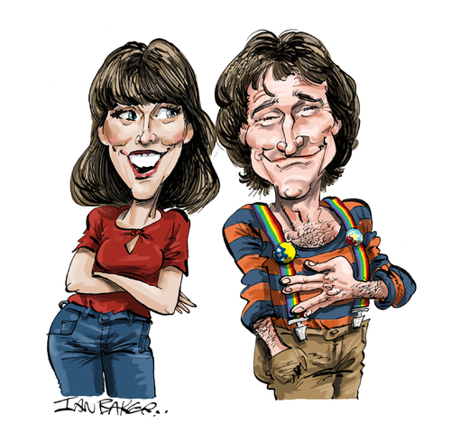 Cartoon: Mork and Mindy (medium) by Ian Baker tagged robin,williams,pam,dawber,mork,and,mindy,sit,com,comedy,humour,tv,alien,seventies,rip,ian,baker,cartoon,illustration,caricature,famous,comedian,death
