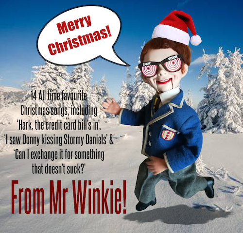 Cartoon: Mr Winkie Christmas CD (medium) by Ian Baker tagged ian,baker,mr,winkie,cd,cover,music,christmas,puppet,ventriloquist,snow