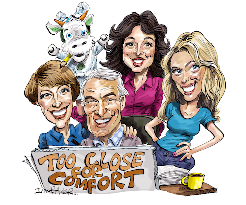 Cartoon: Too Close for Comfort (medium) by Ian Baker tagged too,close,for,comfort,keep,it,in,the,family,sitcom,comedy,80s,america,usa,cartoonist,cosmic,cow,ian,baker,cartoons,caricature,parody,spoof,illustration,ted,knight,lydia,cornell,nancy,dussault,deborah,van,valkenburgh