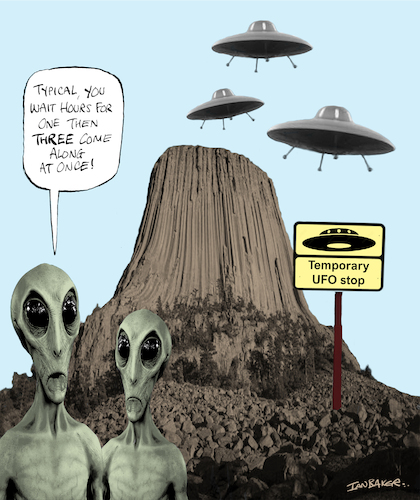 Cartoon: UFO bus stop (medium) by Ian Baker tagged alien,aliens,martians,space,ufo,spaceship,devils,tower,usa,close,encounters,greys,movie,film,sci,fi,ian,baker,cartoon,caricature,spoof,parody,montage