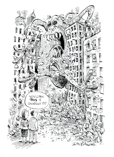 Cartoon: You call THIS a shortcut?! (medium) by Ian Baker tagged ian,baker,cartoon,cartoons,caricatures,humour,gag,joke,magazine,monster,new,york,city,creature,sci,fi,horror,scared,movies,couple,destruction,mess,rubble,sky,scrapers,america,usa