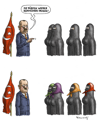 Cartoon: Erdogans Kopftucherlaubnis (medium) by marian kamensky tagged kopftucherlaubnis,erdogan,türkei,religionsfreiheit,kopftucherlaubnis,erdogan,türkei,religionsfreiheit
