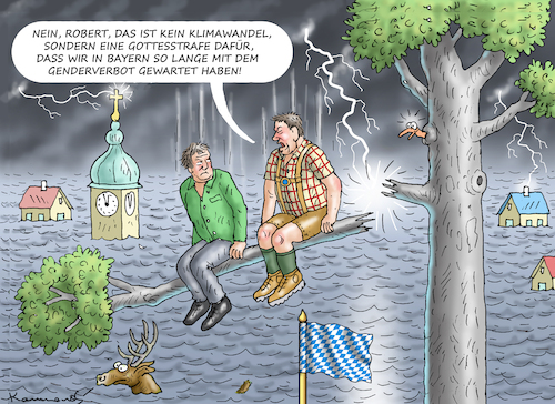 Cartoon: HABECK BESUCHT FLUTEN IN BAYERN (medium) by marian kamensky tagged habeck,besucht,fluten,in,bayern,söder,klimawandel,genderverbot,habeck,besucht,fluten,in,bayern,söder,klimawandel,genderverbot