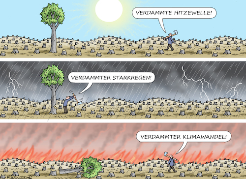 Cartoon: HOLZFÄLLER IN NOT (medium) by marian kamensky tagged holzfäller,in,not,klimawandel,hitzewelle,starkregen,holzfäller,in,not,klimawandel,hitzewelle,starkregen