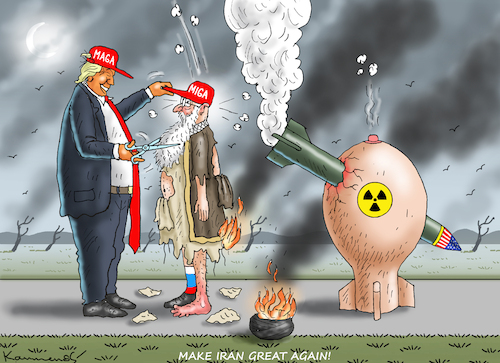 Cartoon: MAKE IRAN GREAT AGAIN (medium) by marian kamensky tagged humanitarian,aid,netanyahu,gaza,hamas,un,ghf,bunker,buster,irans,verbündete,humanitarian,aid,netanyahu,gaza,hamas,un,ghf,bunker,buster,irans,verbündete