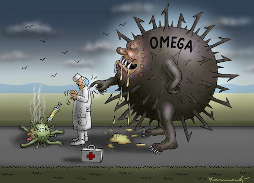 Cartoon: MEGA OMEGA (medium) by marian kamensky tagged curevac,testzentren,corona,impfung,pandemie,booster,impfpflicht,curevac,testzentren,corona,impfung,pandemie,booster,impfpflicht