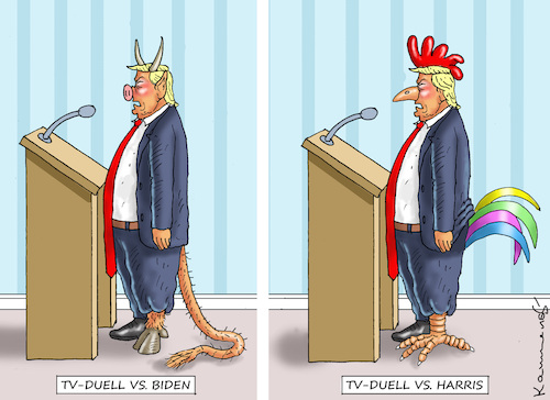 Cartoon: METAMORPHOSE (medium) by marian kamensky tagged tv,duell,harris,vs,trump,abc,tv,duell,harris,vs,trump,abc