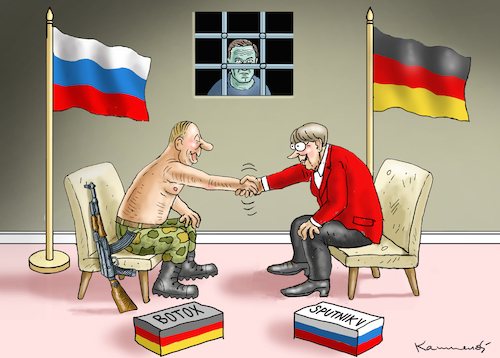 Cartoon: NAWALNY UND DEUTSCHRUSSISCHES (medium) by marian kamensky tagged tea,time,bei,putin,mit,nawalny,nowitschok,anschlag,tea,time,bei,putin,mit,nawalny,nowitschok,anschlag