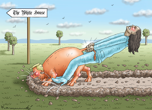 Cartoon: ORANGE GEFAHR (medium) by marian kamensky tagged kamala,harris,biden,trump,hexenjagd,kamala,harris,biden,trump,hexenjagd