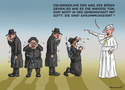 Cartoon: Papst macht ernst (medium) by marian kamensky tagged kalabrien,franziskus,papst,mafiosis,exkommunizierung,papst,franziskus,kalabrien,mafiosis,exkommunizierung