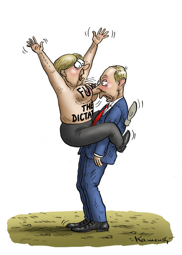 Cartoon: Putins Nacktfrauenattacke Hanove (medium) by marian kamensky tagged messe,hanover,nacktfrauenattacke,merkel,putin,putin,merkel,nacktfrauenattacke,hanover,messe