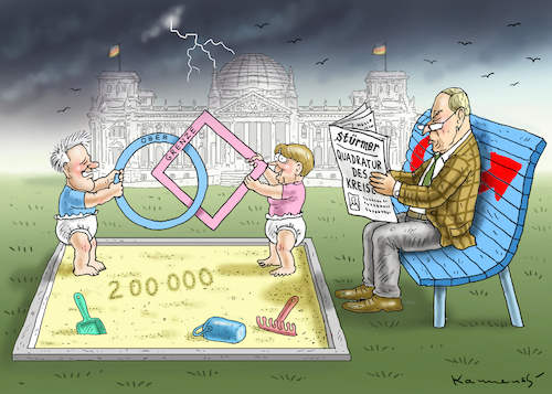 Cartoon: QUADRATUR DES KREISES (medium) by marian kamensky tagged merkel,versus,schulz,wahlkampf,2017,tv,duell,spd,cdu,seehofer,rechte,flanke,der,csu,obergrenze,gauland,afd,merkel,cdu,seehofer,rechte,flanke,der,csu,obergrenze,gauland,afd