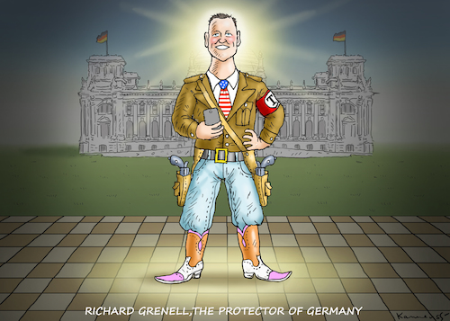 Cartoon: RICHARD GRENELL THE PROTECTOR (medium) by marian kamensky tagged obama,trump,präsidentenwahlen,usa,baba,vanga,republikaner,inauguration,demokraten,kim,jong,un,wikileaks,richard,grenell,faschismus,singarur,obama,trump,präsidentenwahlen,usa,baba,vanga,republikaner,inauguration,demokraten,kim,jong,un,wikileaks,richard,grenell,faschismus,singarur