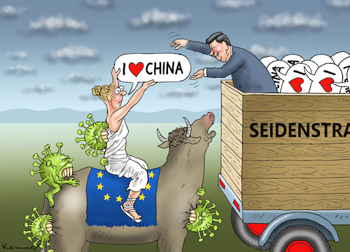 Cartoon: SEIDENSTRASSENKIND EU (medium) by marian kamensky tagged coronavirus,epidemie,gesundheit,panik,stillegung,trump,pandemie,coronavirus,epidemie,gesundheit,panik,stillegung,trump,pandemie