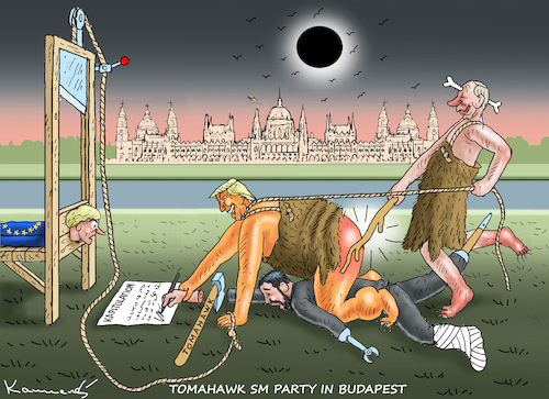 Cartoon: SM-PARTY IN BUDAPEST (medium) by marian kamensky tagged musk,trump,zuckerberg,bezos,felon,and,elon,in,panama,zölle,diktator,selenskyj,putin,ukraine,usa,china,handelskrieg,musk,trump,zuckerberg,bezos,felon,and,elon,in,panama,zölle,diktator,selenskyj,putin,ukraine,usa,china,handelskrieg
