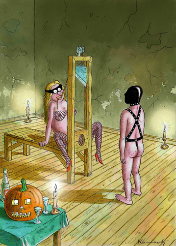 Cartoon: SM Halloween Games (medium) by marian kamensky tagged humor,illustration,sex,mann,frau,sado maso,sm,halloween,grusel,schock,gewalt,guillotine,sado,maso