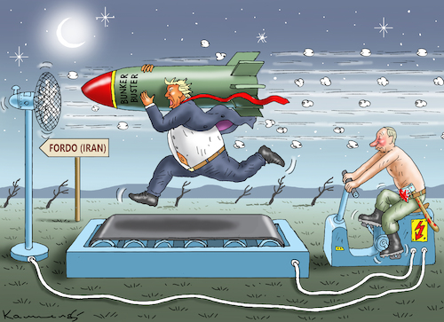 Cartoon: TRUMP HAT ES EILIG (medium) by marian kamensky tagged humanitarian,aid,netanyahu,gaza,hamas,un,ghf,bunker,buster,irans,verbündete,humanitarian,aid,netanyahu,gaza,hamas,un,ghf,bunker,buster,irans,verbündete