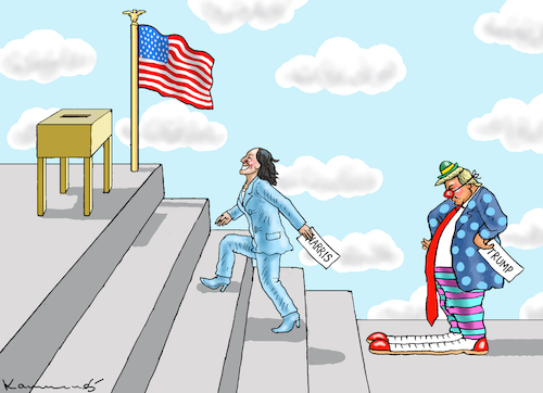 Cartoon: US-WAHLEN (medium) by marian kamensky tagged felon,trump,harris,wahlkampf,usa,felon,trump,harris,wahlkampf,usa