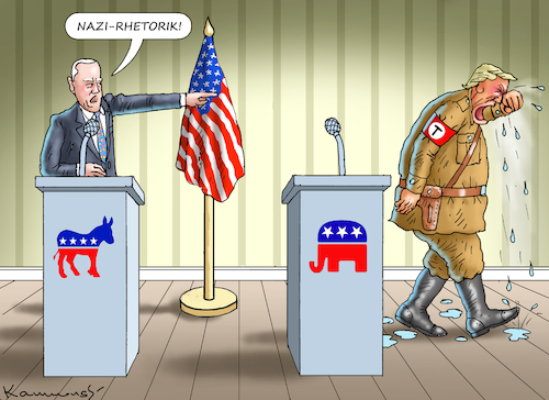 Cartoon: US WAHLKAMPF (medium) by marian kamensky tagged us,wahlkampf,biden,trump,nazi,rhetorik,us,wahlkampf,biden,trump,nazi,rhetorik